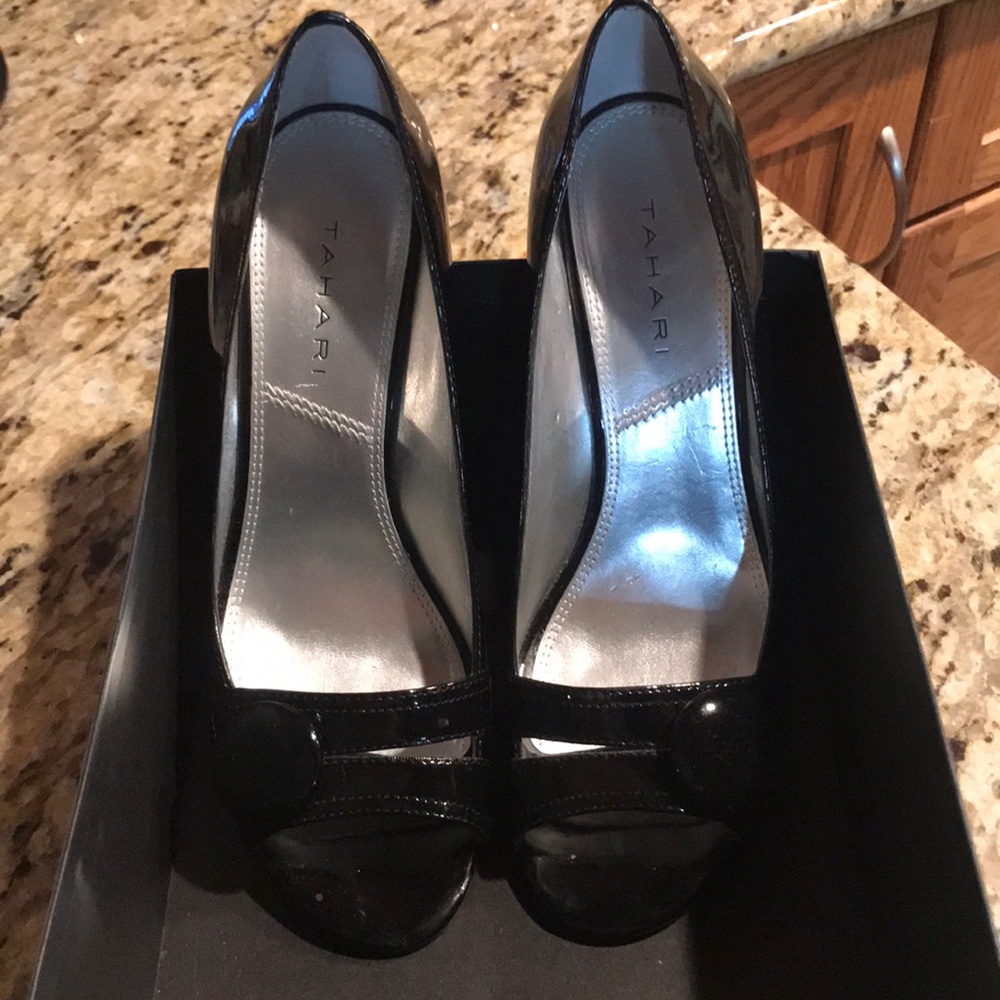 Black Patent Tahari Open Toe Pumps